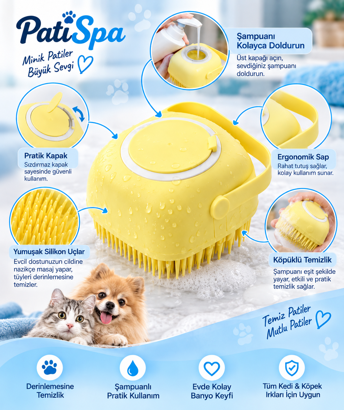 Şampuan Hazneli Kedi Köpek Yıkama Banyo Fırçası