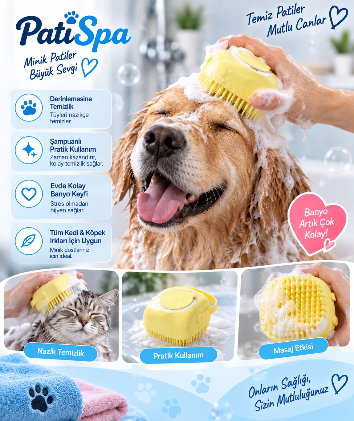 Şampuan Hazneli Kedi Köpek Yıkama Banyo Fırçası