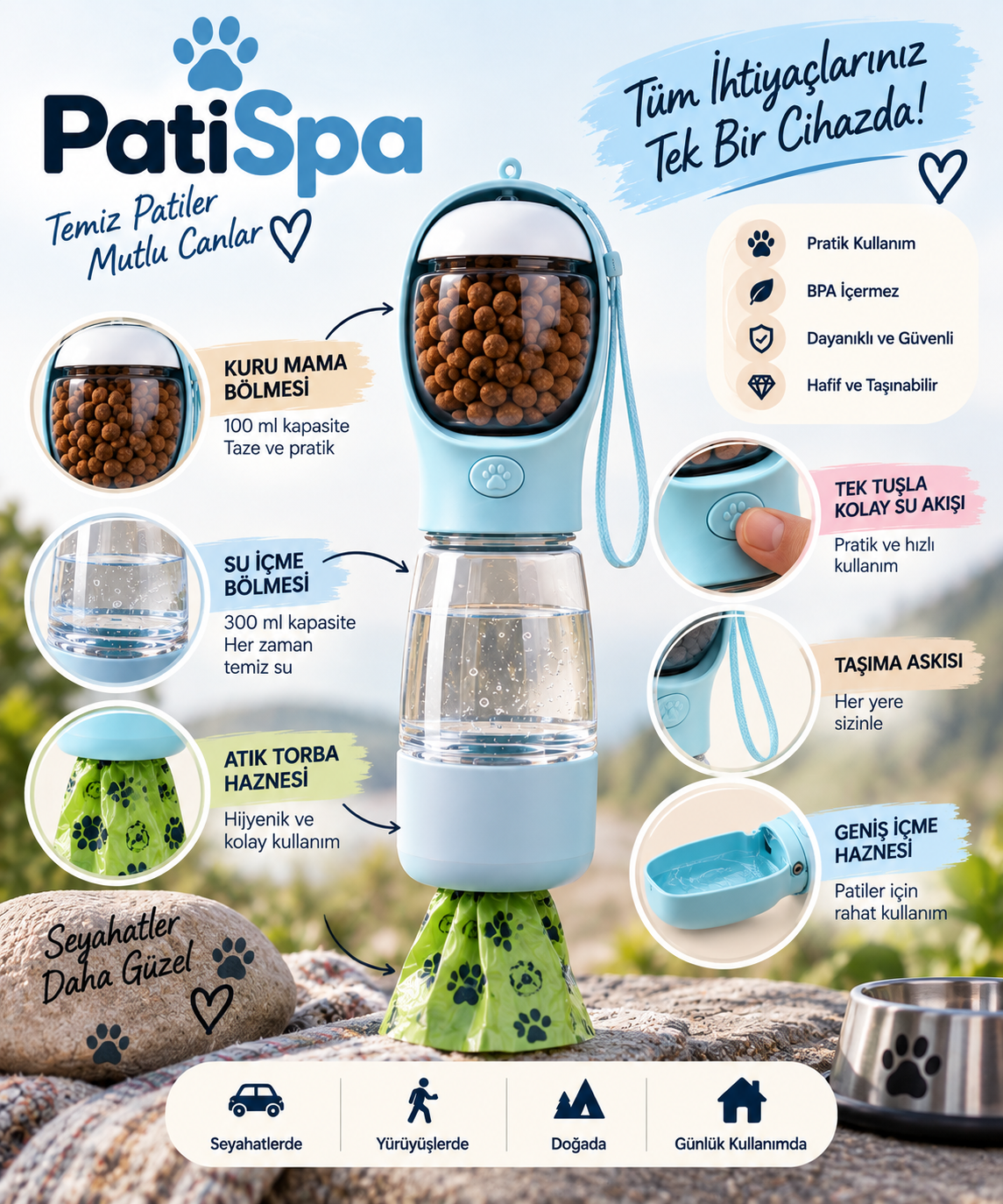PatiSpa 3'ü 1 Arada Kedi & Köpek Seyahat Şişesi