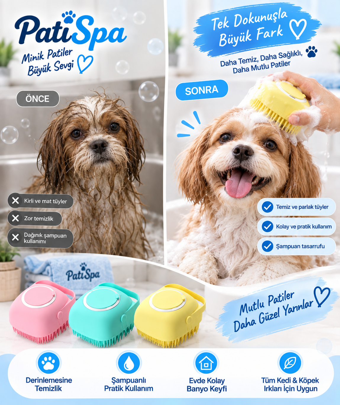 Şampuan Hazneli Kedi Köpek Yıkama Banyo Fırçası